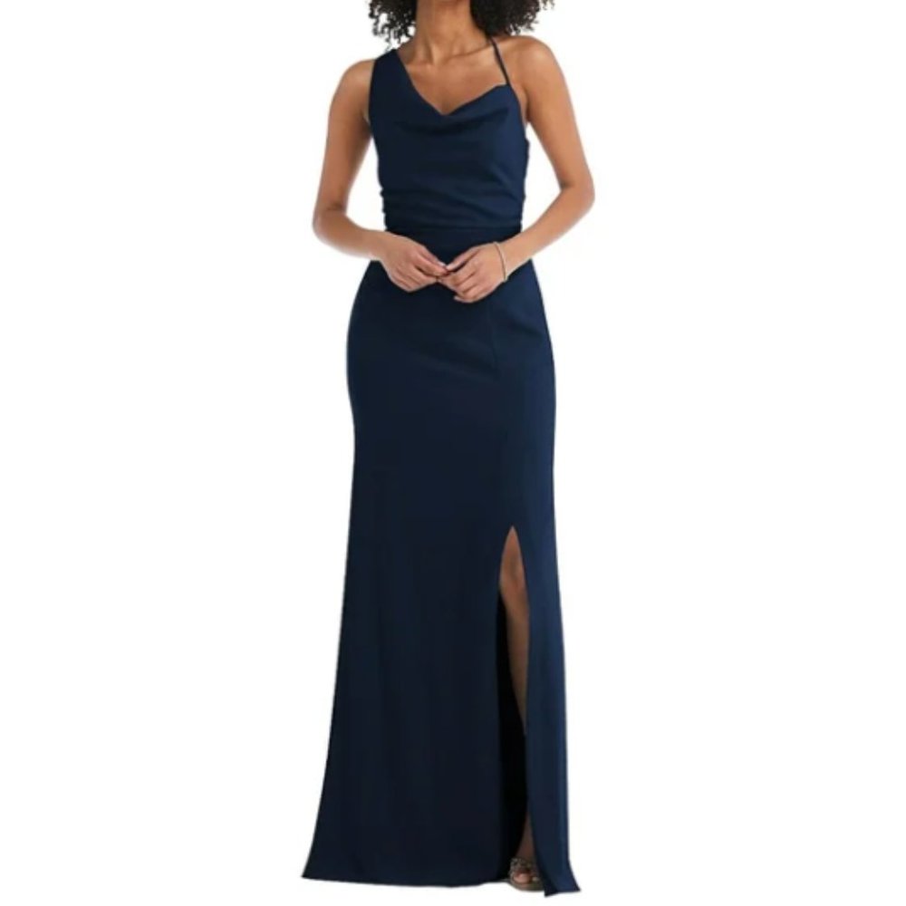 After Six One-Shoulder Draped Cowl-Neck Maxi Dress Midnight Size 10R NEW